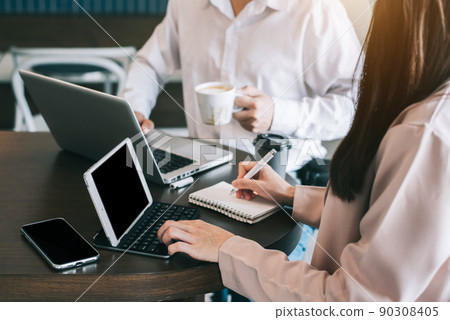 Business meeting time.  account managers crew working with new startup project. Idea presentation, analyze plans. 90308405