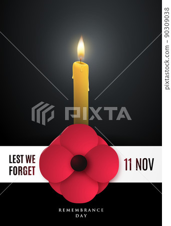 Remembrance day concept poster with a poppy flower and light candle. Remembrance day concept poster with a poppy flower and light candle. 90309038