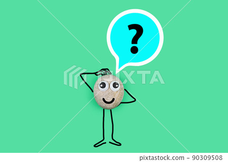 Animated character from a pebble with a happy face and a burning question mark in his mind Animated character from a pebble with a happy face and a burning question mark in his mind 90309508