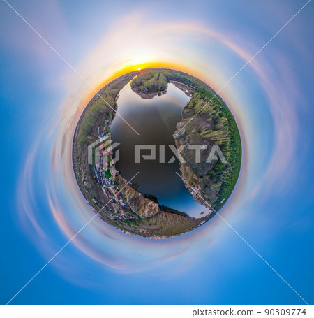 Confluence of the Iset and Kamenka rivers in the city Kamensk-Uralskiy. Iset and Kamenka rivers, Kamensk-Uralskiy, Sverdlovsk region, Ural mountains, Russia. Little planet sphere mode 90309774