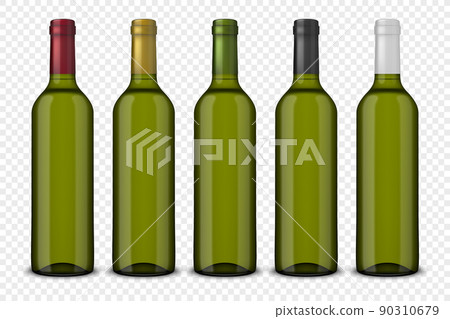 Set 5 realistic vector green bottles of wine without labels isolated on transparent background. Design template in EPS10. 90310679