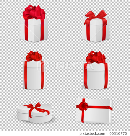Vector white gift box with red bow set isolated on transparent background. Design template in EPS10. 90310770