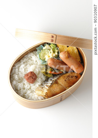 A bird's-eye view of the salmon bento in Magewappa on a white background A bird's-eye view of the salmon bento in Magewappa on a white background 90310907