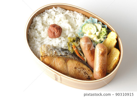 鳥瞰白色背景下 Magewappa 的鮭魚便當 90310915