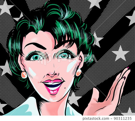 60's Retro American comics Illustration of a beautiful mature woman with blue hair looking at her and making an exaggerated promotion 90311235