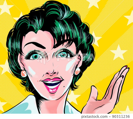 60's Retro American comics Illustration of a beautiful mature woman with blue hair looking at her and making an exaggerated promotion 90311236