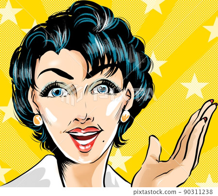 60's Retro American comics Illustration of a beautiful mature woman with blue hair looking at her and making an exaggerated promotion 90311238