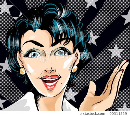 60's Retro American comics Illustration of a beautiful mature woman with blue hair looking at her and making an exaggerated promotion 90311239