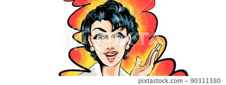 60's Retro American comics Illustrations and blowouts of a beautiful mature woman with blue hair looking at her and making an exaggerated promotion 90311380