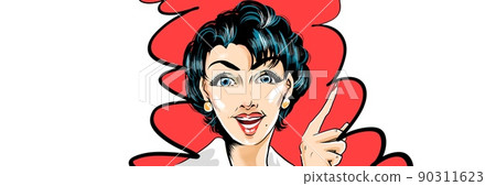 60 年代復古美國漫畫插圖和井噴一個美麗的成熟女人，藍髮指著她的手指，進行誇張的宣傳 90311623