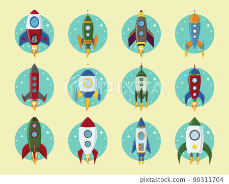 Vector retro space rocket ship icon set in a flat style. Design elements for backgrounds with project start up and development process, creative idea etc. EPS10 illustration. 90311704