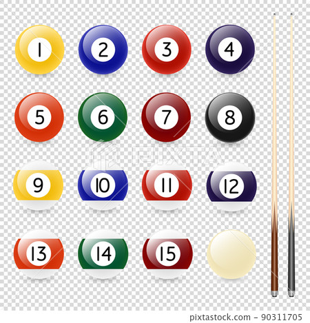 Vector realistic pool - billiard balls and cue closeup isolated on transparent background. Design template in EPS10. Vector realistic pool - billiard balls and cue closeup isolated on transparent background. Design template in EPS10. 90311705