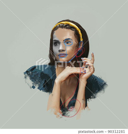 Creative art collage. Young woman's portrait over gray background. Poster graphics. combination of photo and illustration. Ideas, inspiration, fashion and emotions concept. Creative art collage. Young woman's portrait over gray background. Poster graphics. combination of photo and illustration. Ideas, inspiration, fashion and emotions concept. 90312281