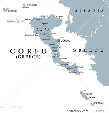 Corfu, island of Greece, gray political map. Also Kerkyra, is a Greek island in the Ionian Sea, and part of the Ionian Islands. With Othonoi, Ereikoussa and Mathraki it forms the Corfu Regional Unit. Corfu, island of Greece, gray political map. Also Kerkyra, is a Greek island in the Ionian Sea, and part of the Ionian Islands. With Othonoi, Ereikoussa and Mathraki it forms the Corfu Regional Unit. 90312540