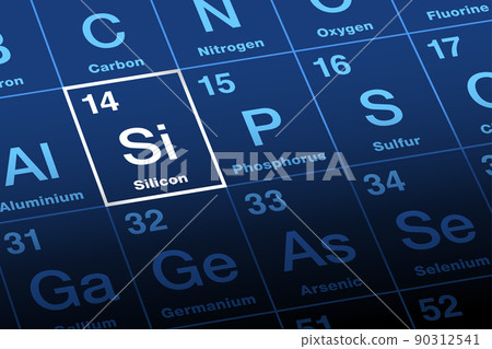 Silicon on periodic table of the elements. Chemical element and semiconductor with symbol Si and atomic number 14. Considered as essential element in the body, for the elastin and collagen synthesis. Silicon on periodic table of the elements. Chemical element and semiconductor with symbol Si and atomic number 14. Considered as essential element in the body, for the elastin and collagen synthesis. 90312541