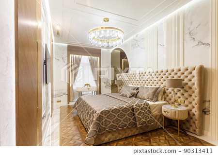 luxury hotel bedroom. Bed with carriage coupler headboard luxury hotel bedroom. Bed with carriage coupler headboard 90313411