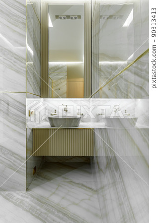 Marble tile wall and marble sink, luxury bathroom interior. 90313413