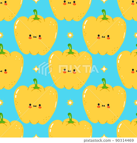 Cute funny yellow pepper pattern character. Vector hand drawn cartoon kawaii character illustration icon. Isolated on blue background. Pattern yellow pepper character concept Cute funny yellow pepper pattern character. Vector hand drawn cartoon kawaii character illustration icon. Isolated on blue background. Pattern yellow pepper character concept 90314469