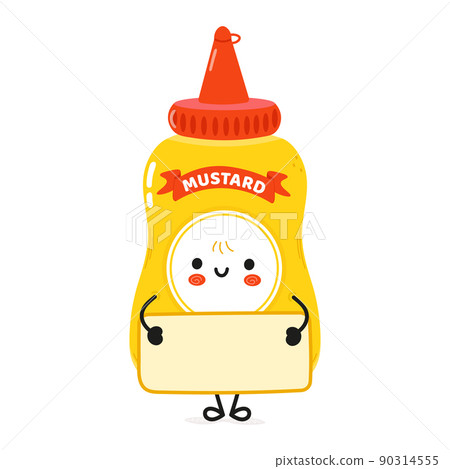 Cute funny mustard with poster character. Vector hand drawn cartoon kawaii character illustration icon. Isolated on white background. Mustard in bottle with poster character concept 90314555