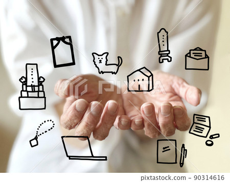 Illustration of an elderly woman and a lifelong illustration with both palms facing up Illustration of an elderly woman and a lifelong illustration with both palms facing up 90314616