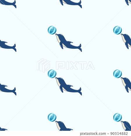 Seamless Pattern dolphins in different poses, vector illustration of marine animals. Painted dolphins swim and players in dolphinarium 90314882