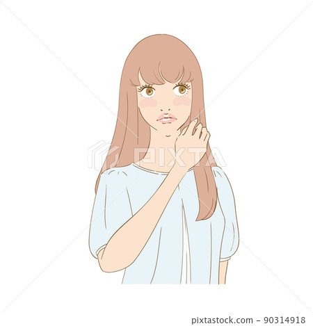 A beautiful woman with a troubled face touching her hair A beautiful woman with a troubled face touching her hair 90314918