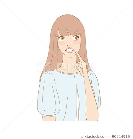 A beautiful woman with a troubled face pointing at her teeth A beautiful woman with a troubled face pointing at her teeth 90314919