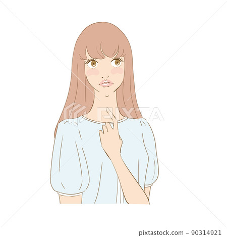 A beautiful woman with a troubled face pointing at her neck A beautiful woman with a troubled face pointing at her neck 90314921