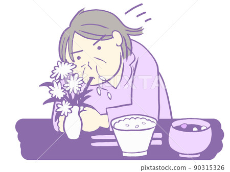 一位患有癡呆症 BPSD 的女人在花瓶裡吃花的插圖 一位患有癡呆症 BPSD 的女人在花瓶裡吃花的插圖 90315326