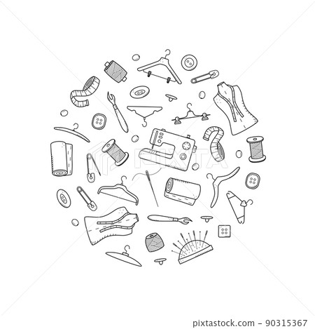Tools for sewing and needlework. Doodle icon set tailoring, vector illustration thread needles mannequin sewing machine hangers buttons 90315367