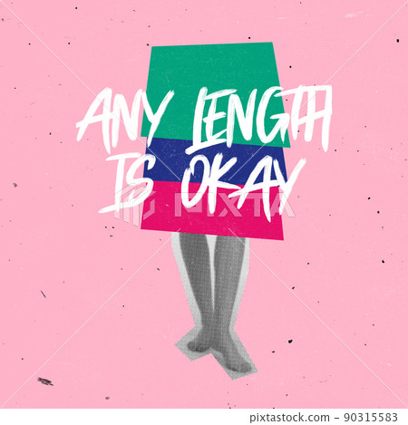 Contemporary art collage. Conceptual image of female in multicolored skirt symbolizing different length isolated over pink background 90315583