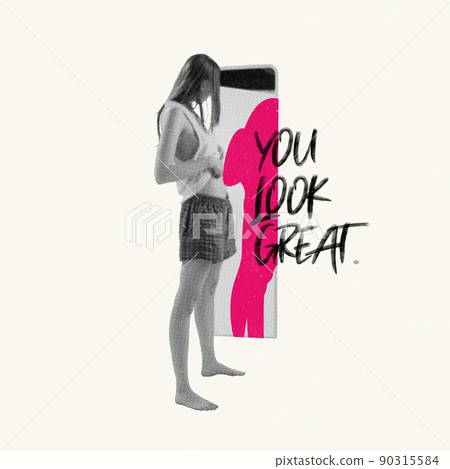 Contemporary art collage. Conceptual image of young woman looking on mirror, worrying about body shape and weight 90315584