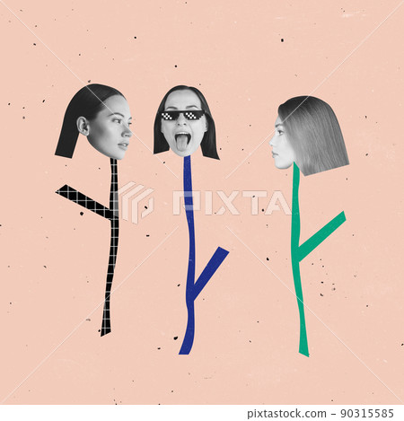 Contemporary art collage. Conceptual image with three young girls in image of flowers isolated over peach background 90315585