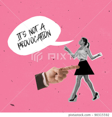 Contemporary art collage. Conceptual image with young girl walking on heels in short skirt isolated over pink background 90315592