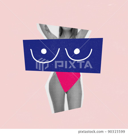 Contemporary art collage. Conceptual image with female body and drawn breast elements isolated over pink background Contemporary art collage. Conceptual image with female body and drawn breast elements isolated over pink background 90315599