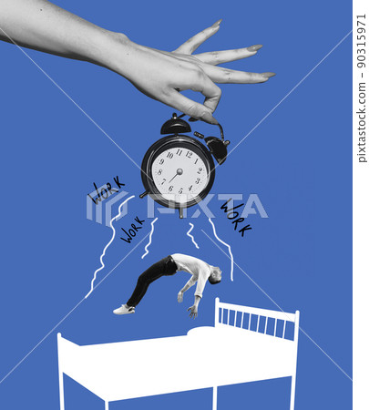 Huge female hand wakes up man for work on blue background. Contemporary art collage. Inspiration, idea, aspiration and fantasy. Surrealism. 90315971