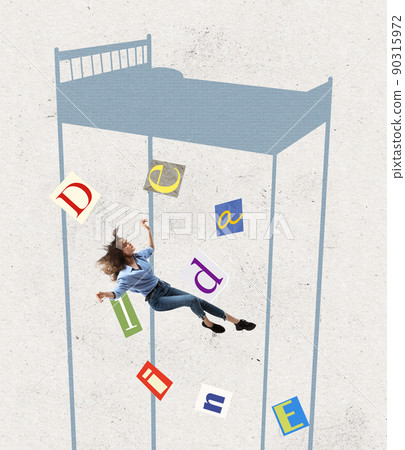 Woman falls into dream, flies and soars in dreams and in invented world. Contemporary art collage. Inspiration, idea, aspiration and fantasy. Surrealism. Woman falls into dream, flies and soars in dreams and in invented world. Contemporary art collage. Inspiration, idea, aspiration and fantasy. Surrealism. 90315972