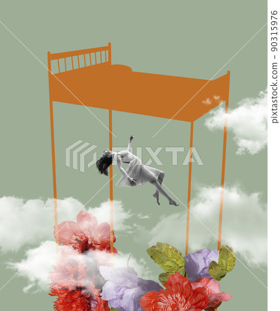 Young woman flies and soars in dreams and in invented world on floral background. Contemporary art collage. Inspiration, idea, aspiration and fantasy. Surrealism. Young woman flies and soars in dreams and in invented world on floral background. Contemporary art collage. Inspiration, idea, aspiration and fantasy. Surrealism. 90315976