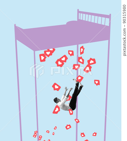 Sleeping man falls into dream, flies and soars in invented world. Contemporary art collage. Inspiration, idea, aspiration and fantasy. Surrealism. 90315980