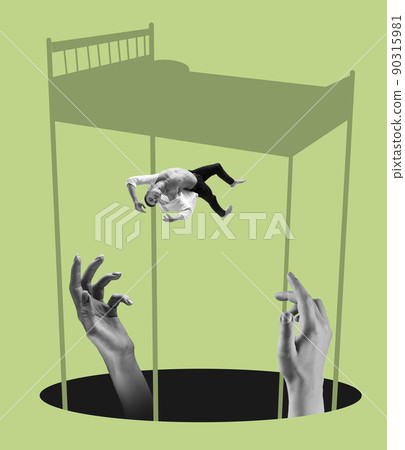 Person falls into dream or in invented world on green background. Contemporary art collage. Inspiration, idea, aspiration and fantasy. Surrealism. Person falls into dream or in invented world on green background. Contemporary art collage. Inspiration, idea, aspiration and fantasy. Surrealism. 90315981