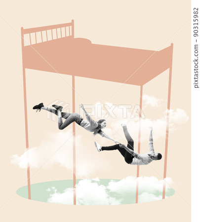 Two people fall into dream, fly and soar in dreams and in invented world. Contemporary art collage. Inspiration, idea, aspiration and fantasy. Surrealism. 90315982