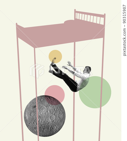 Sleeping man falls into dream, flies and soars in invented world. Contemporary art collage. Inspiration, idea, aspiration and fantasy. Surrealism. Sleeping man falls into dream, flies and soars in invented world. Contemporary art collage. Inspiration, idea, aspiration and fantasy. Surrealism. 90315987