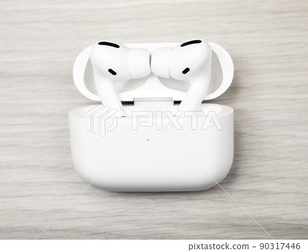 image of earphones wooden background image of earphones wooden background 90317446