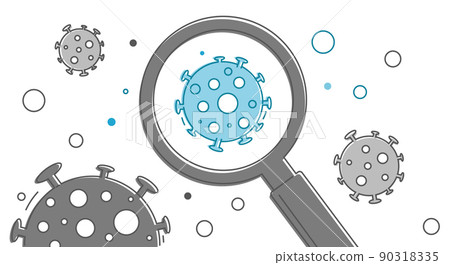 Flying virus molecules in air.Finds a new strain of coronavirus.Blue virus under a magnifying glass. 90318335