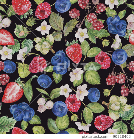 Watercolor summer berries seamless pattern. Fruits, strawberries, blueberiies texture on black background. Hand-drawn botanical wallpaper. Watercolor summer berries seamless pattern. Fruits, strawberries, blueberiies texture on black background. Hand-drawn botanical wallpaper. 90318403