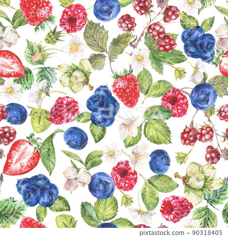 Watercolor summer berries seamless pattern. Fruits, strawberries, blueberiies texture on white background. Hand-drawn botanical wallpaper. 90318405