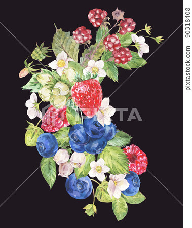 Watercolor summer berries greeting card. Fruits, strawberries, blueberiies isolated on black background. Hand-drawn botanical illustration. 90318408