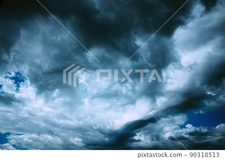 Dark Storm Cloudy Rainy Sky With Rain Heavy Clouds. Sky Natural Background. Weather Forecast Concept. heavy raging turbulent cloudscape. vortical clouds. Strange Clouds Cloud Sky Moving In Cloudy 90318513