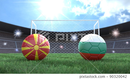 Two soccer balls in flags colors on stadium blurred background. North Macedonia and Bulgaria. 3d image Two soccer balls in flags colors on stadium blurred background. North Macedonia and Bulgaria. 3d image 90320042