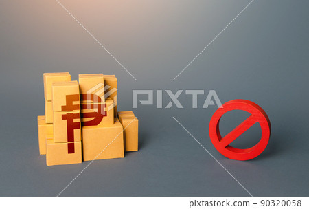 Philippine peso goods boxes and prohibition symbol NO. Ban on import goods. Impossibility of transportation. Sanctions and embargoes. Shortage of goods. Confiscation of contraband. Trade wars. Philippine peso goods boxes and prohibition symbol NO. Ban on import goods. Impossibility of transportation. Sanctions and embargoes. Shortage of goods. Confiscation of contraband. Trade wars. 90320058
